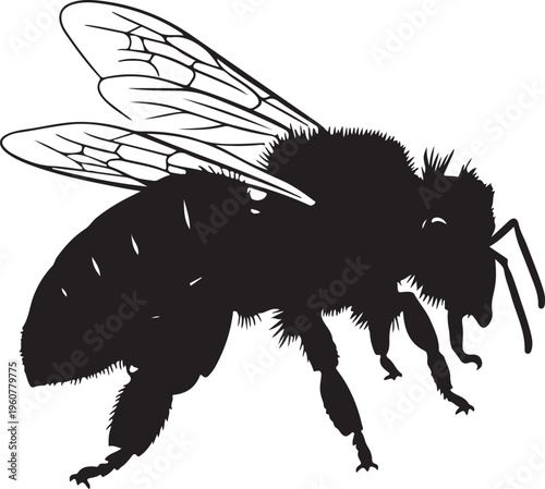 Black bee icon, insect silhouette, fuzzy bee illustration, vector insect graphic
