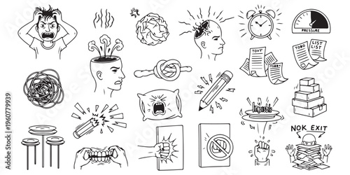 Set of hand drawn diverse doodles with cool emoticon, music notes, people, and hand gestures