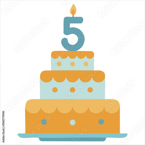 Fifth Birthday Cake with Blue and Chocolate and Numeric Candle Cartoon Style Tart