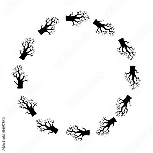 Round frame for greetings or advertising text. Black tree without leaves and branches. Halloween celebration. All Saints Day. Flat vector design.
