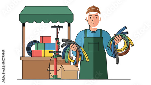 Bike Shop Vendor: A friendly vendor stands proudly at a quaint bike shop stand, holding an assortment of colorful bicycle hoses ready for sale, offering a glimpse into the cycling world.