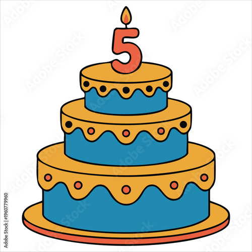 Cartoon Style Fifth Birthday Cake with Blue Chocolate and Numeric Candle for Kids