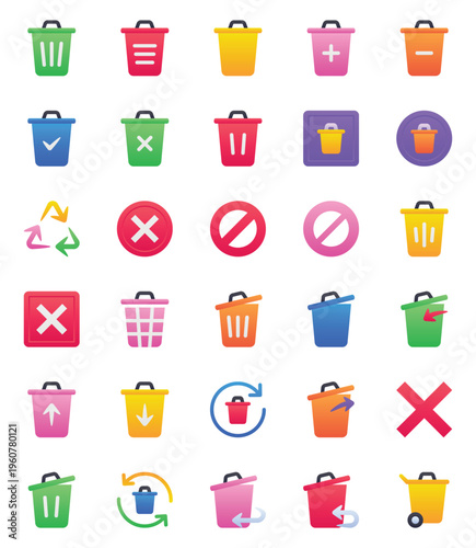 Gradient color icons set for Recycle bin, delete
