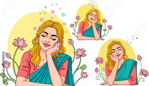 Indian woman in traditional saree with lotus flowers, beautiful blonde girl in ethnic dress, peaceful female character vector illustration set
