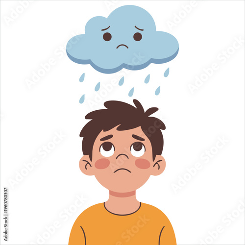 Sad Boy with Cloud Background isolated vector illustration on white background