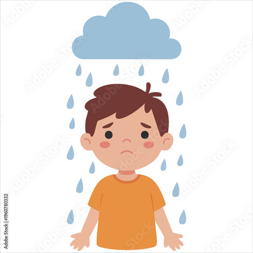 Unhappy Young Boy with Clouds in Background isolated vector illustration on white background