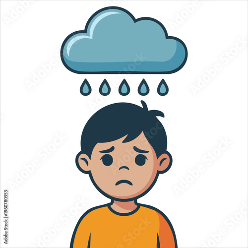 Gloomy Boy Surrounded by Cloudy Atmosphere isolated vector illustration on white background
