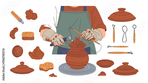 Pottery Craft in the Making: An artisan's hands meticulously shape clay on a spinning wheel, surrounded by tools of the trade, demonstrating the art and skill of pottery.