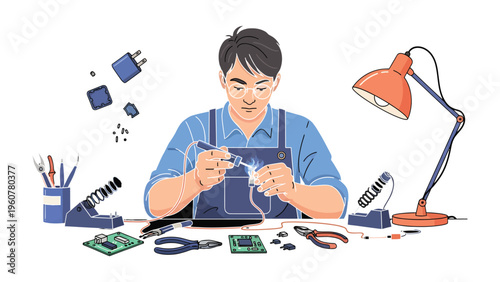 Electrical Precision: A skilled technician diligently soldering electrical components, meticulously working with precision and expertise. A scene that blends craftmanship with technology