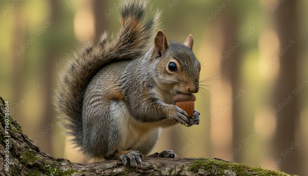 Fototapeta premium A squirrel sitting on a tree branch eating an acorn in a forest