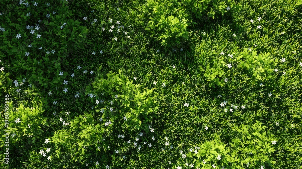 Fototapeta premium A top view of lush green grass with daisies growing in the corner, creating an enchanting and inviting background for design projects