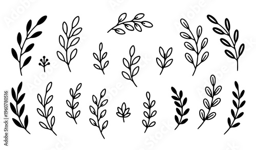 Floral doodle botanical elements with abstract twig leaves hand drawn silhouette vector set