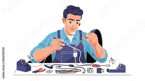 Artisan At Work: An focused artisan works diligently at a desk, repairing electrical components with meticulous precision