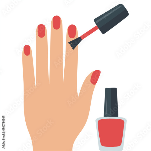 Female Hand with Red Painted Fingernails and Nail Polish Brush Flat Vector Illustration