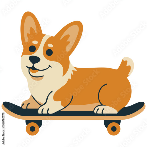 Cute Dog Riding Skateboard with Funny Corgi on Skate Board Flat Vector