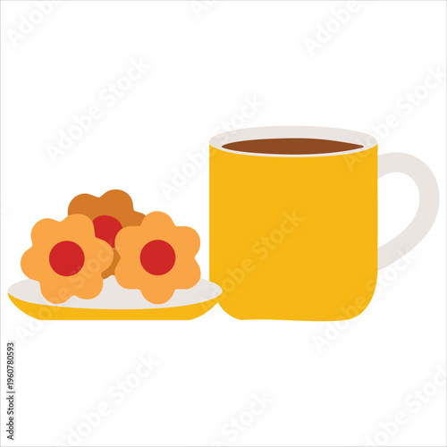 Tea Cup and Biscuits on Plate Sweet Snack and Teacup Flat Vector Illustration