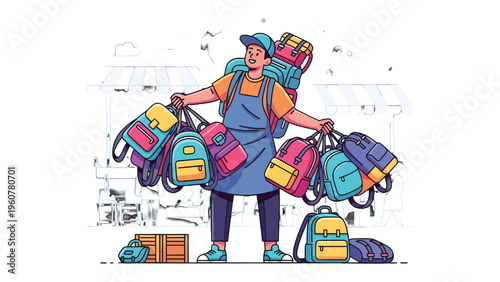 Bag Laden: An illustration of an individual burdened with numerous colorful bags, perhaps a symbol of travel, retail, or a busy lifestyle.