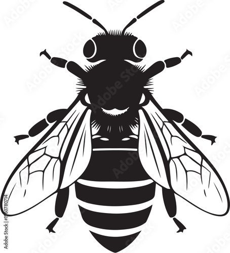 Black bee icon, insect illustration, striped bug, vector graphic