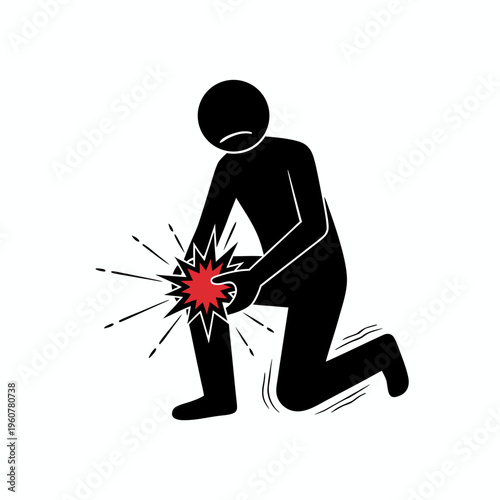 Silhouette of a stick figure person kneeling on ground and clutching an injured knee vector illustration.