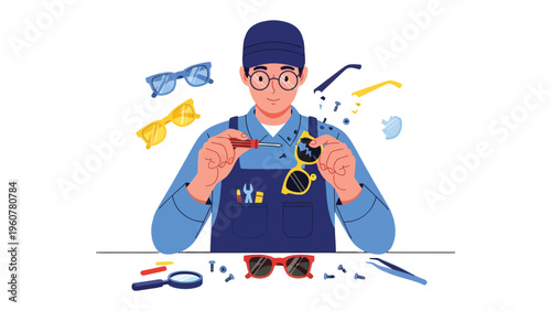 Eyeglass Repair Specialist: A skilled technician, meticulously focused, demonstrates precision and expertise as he repairs and restores damaged eyewear. Surrounded by tools of his trade.