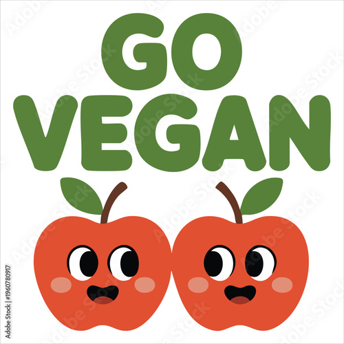 Go Vegan Poster with Two Flirting Apple Characters Vector Artwork