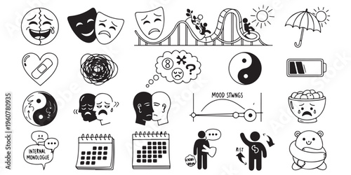 Set of hand drawn diverse doodles representing mental health emotions, mood swings, and therapy