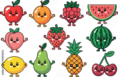 Cartoon vector set of funny fruit characters with cute faces colorful fresh food collection playful healthy illustration design
