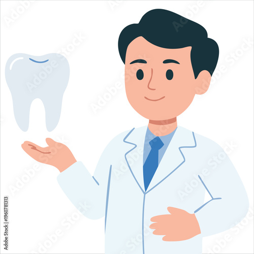 Vector Illustration of Dentist and Healthy Tooth for Caries Treatment Concept