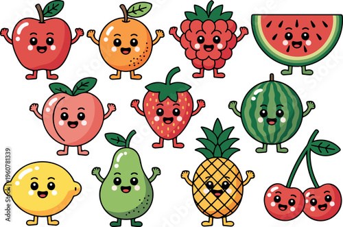 Cartoon vector set of funny fruit characters with cute faces colorful fresh food collection playful healthy illustration design