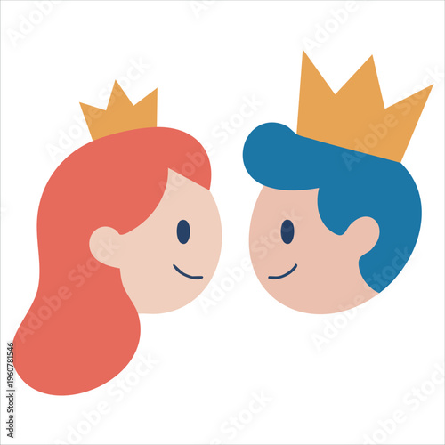 Vector Illustration of Royal Princess and Prince with Crowns on White