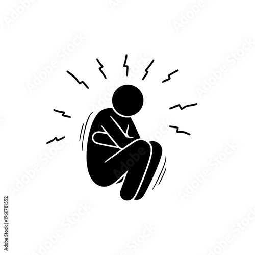 Stick figure person curling up and shivering with cold chills or fever symptoms vector icon.