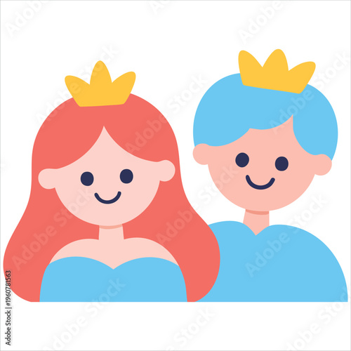 Illustration of Princess and Prince Wearing Crowns on White Background