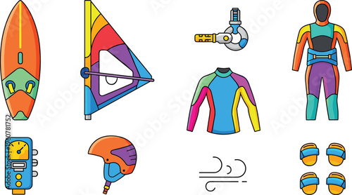 Water Sports Equipment Vector Set with Surfboard Windsurf Sail Wetsuit Helmet Watch Gloves and Accessories Isolated on White Background