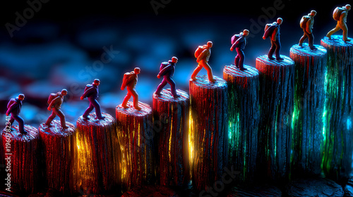 Miniature Figures on Ascending Pillars Representing Growth, Progress, and Business Success in a Dynamic Concept