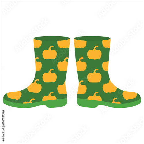 Isolated Vector Illustration of Gumboots with Pumpkin Pattern for Seasonal Design