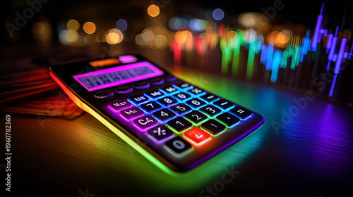Financial Calculator with Stock Market Graph on Neon Background for Investment Analysis