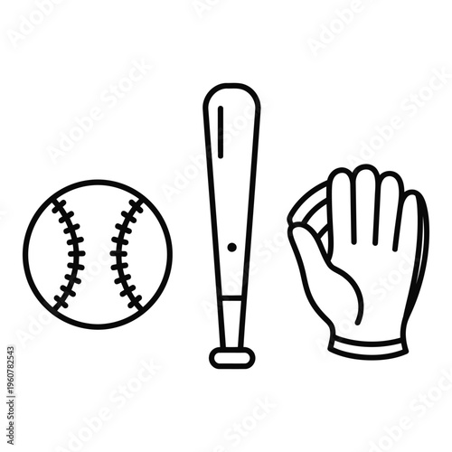 Black and white line drawing of baseball equipment on white background