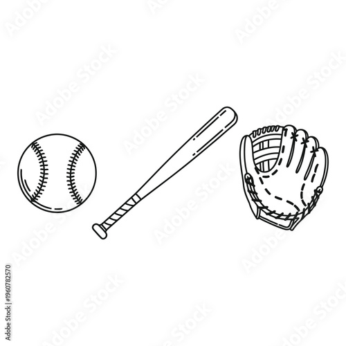 A black and white line drawing of a baseball, bat, and glove on a white background