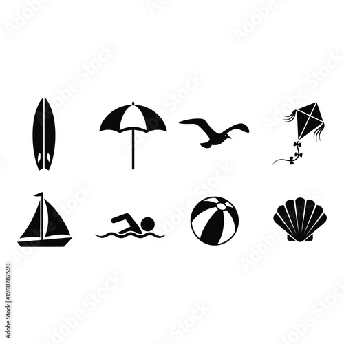 Collection of beach icons including surfboard isolated on white background