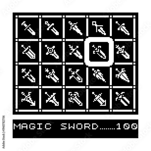 Pixel art weapon selection screen with collection of swords in retro monochrome style, inventory, RPG, dungeon crawler or action game UI.