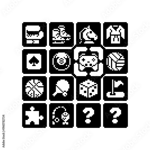 Pixel art sword inventory grid in retro monochrome style featuring multiple blade variations, magic sword selection, item name, value display, for RPG, dungeon crawler and fantasy game UI.