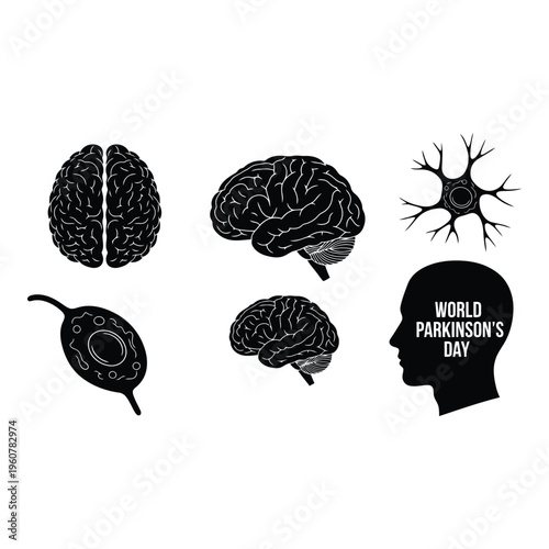 Black and white illustration of brain and neuron for world parkinsons day isolated on white background