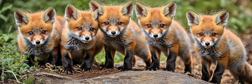 Fototapeta premium Playful Red Fox Cubs Vulpes vulpes Exploring Their Natural Habitat Together in the Great Outdoors