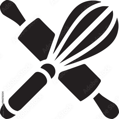 Crossed rolling pin and whisk, baking utensils symbol for cooking, pastry, and kitchen
