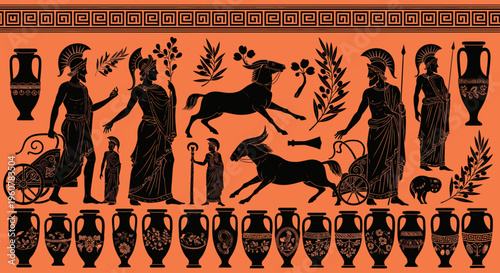 Greek Black Figure Pottery Motifs and Ancient Amphora Vector Borders