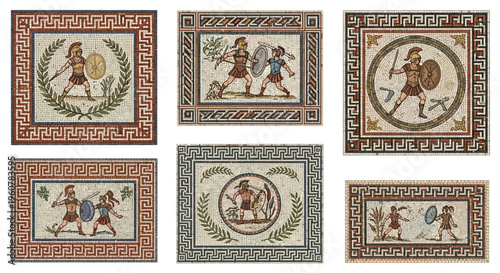 Ancient Roman Mosaic Floors and Geometric Meander Vector Ornaments