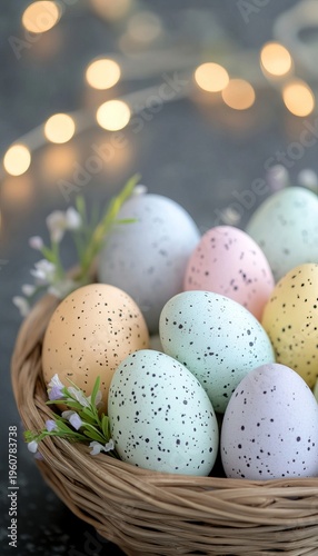 Beautifully Decorated Pastel Easter Eggs in a Charming Wicker Basket for Festive Spring Celebrations