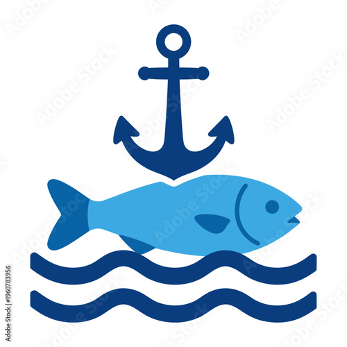 Blue vector fish swimming in waves with an anchor above it