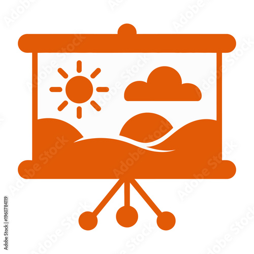 Vibrant orange vector of a projector screen displaying a sun over rolling hills and clouds