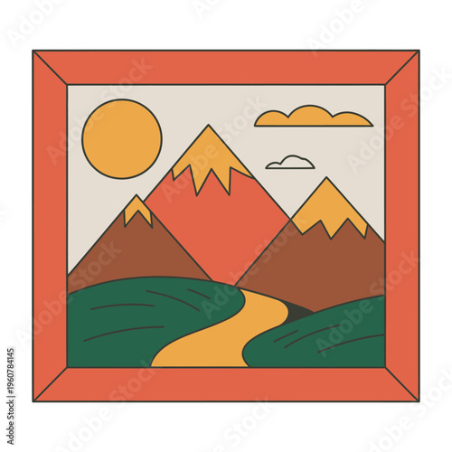 Vibrant vector of a mountain landscape with a winding river and sun in a red frame